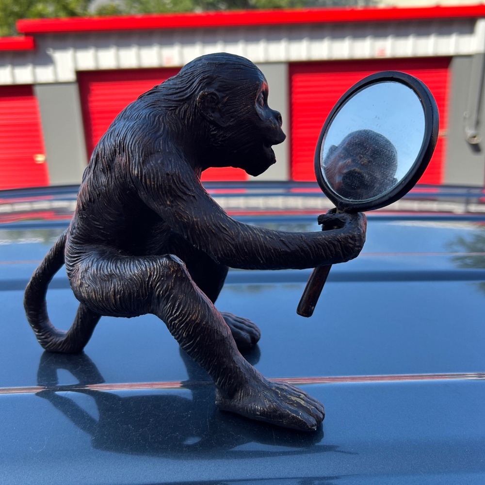 Bronze color Finish Monkey Figurine Holding Mirror Primate Sculpture Decor